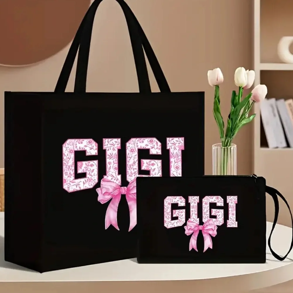 GIGI Black Tote and Clutch Set with Pink Accents, NEW - Picture 4 of 6